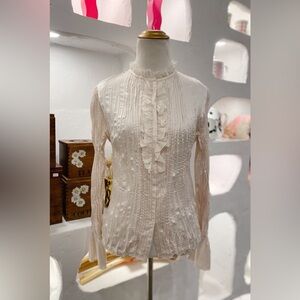 Cream Pleated Long Sleeve Button Up Crinkle Blouse with Ruffled Placket & Collar